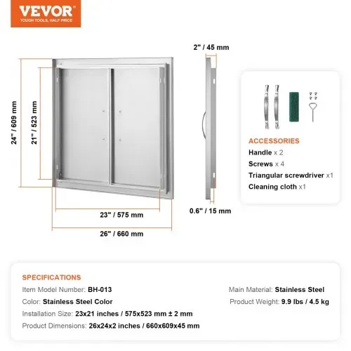 VEVOR Grill-Zugangstür, 660 x 609 mm, Doppelte Außenküchentür, Flächenbündig Montierte Edelstahltür, Vertikale Wandtür mit Griffen, für Grillinsel, Grillstation, Außenschrank – Bild 6