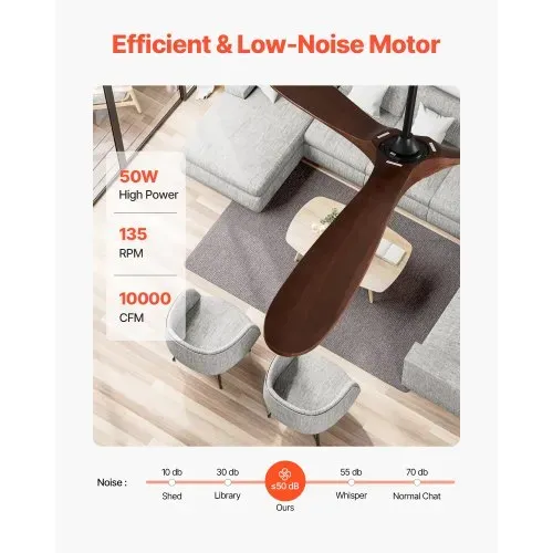 VEVOR 180 cm Deckenventilator ohne Licht, 6-Gang-Fernbedienung, 3 Holzflügel, umkehrbarer Gleichstrommotor, Außenventilator für Schlafzimmer, Wohnzimmer, Terrasse, Innen-/Außenbereich, Walnuss – Bild 2