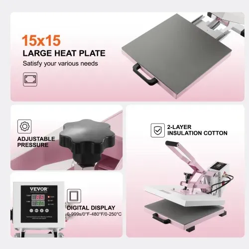 VEVOR Wärmepresse, 15 x 15 Zoll digitale Wärmepresse, herausziehbare Wärmeübertragungsmaschine, schnelles und gleichmäßiges Aufheizen, 2-lagige Isolierbaumwolle, Wärmeübertragungsmaschine für T-Shirts/Kissen/Taschen, Rosa – Bild 4