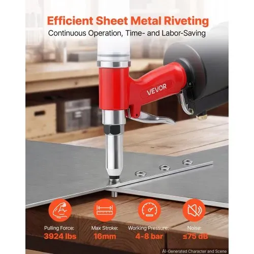 VEVOR Druckluft Nietmutternzange Set mit Nasenstücken 2,4/3,2/4,0/4,8/6,4mm, Pneumatische Blindnietzange Set für Automobil Industrie Heimwerkerprojekt, 1780kg Zugkraft, Max. 16mm Hub, 360° Nietengriff – Bild 2