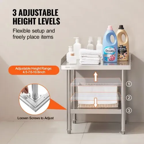 VEVOR Arbeitstisch aus Edelstahl, kommerzieller Arbeitstisch zur Lebensmittelzubereitung, 3-seitiger Spritzschutz, 610 x 610 x 660 mm Küchentisch, Arbeitstisch mit einstellbarer Höhe für Hotel – Bild 4