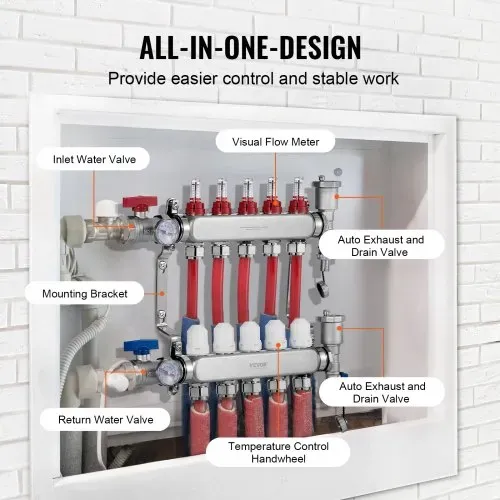 VEVOR 5-Zweig-Wärmeverteilungsverteiler, 1/2-Zoll-PEX-Rohrverteiler, Edelstahl-PEX-Verteiler für hydronische Fußbodenheizung, Wärmeverteilungs-PEX-Verteilersatz mit 1/2-Zoll-Adaptern im Lieferumfang enthalten – Bild 3
