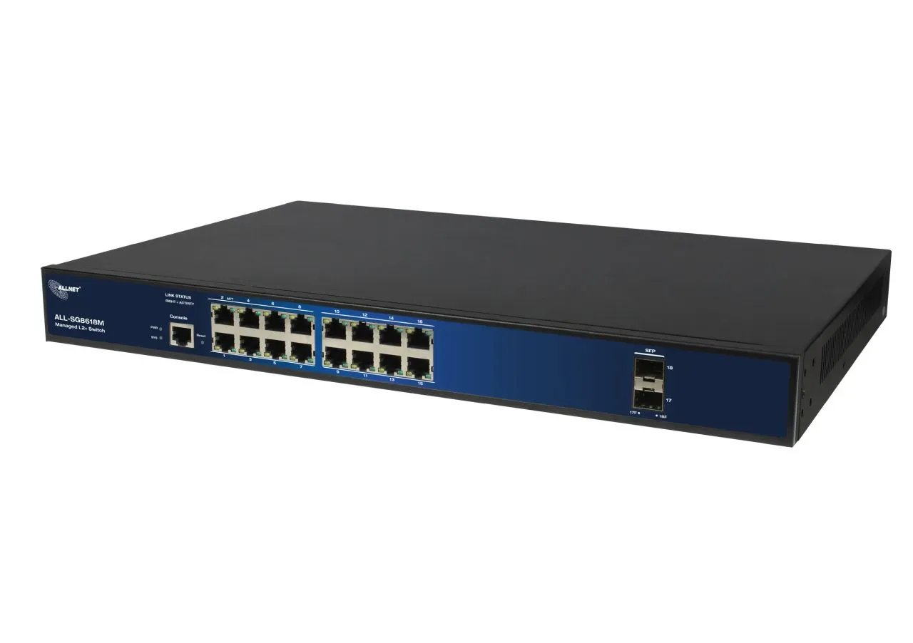 ALLNET Switch full managed Layer2+ 18 Port • 16x GbE • 4x SFP • 19″ • Lüfterlos • ALL-SG8618M ALLNET Switch full managed Layer2+ 18 Port • 16x GbE • 4x SFP • 19″ • Lüfterlos • ALL-SG8618M