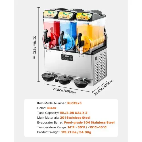 VEVOR kommerzieller Frozen Drink Maker, 15 L x 3 Slush-Maschine mit drei Tanks, 180 Tassen Margarita-Smoothie-Maschine aus Edelstahl, Slush-Maker für Zuhause Partys Restaurants Cafés Bars – Bild 6