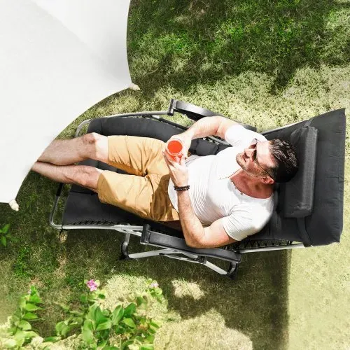 VEVOR Schwerelosigkeitsstuhl, 84 cm Schwerelosigkeits-Liegestuhl für drinnen und draußen, verstellbarer Anti-Schwerkraftstuhl mit Kissen, Kopfstütze, Fußstütze und Getränkehalter, 227 kg, schwarz – Bild 7