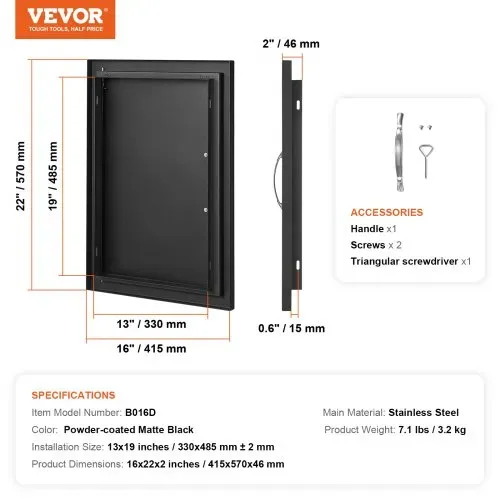 VEVOR Grill-Zugangstür, 415 x 570 mm, Einzelne Außenküchentür, Flächenbündig Montierte Kaltplattentür, Vertikale Wandtür mit Griff, für Grillinsel, Grillstation, Außenschrank Schwarz – Bild 6