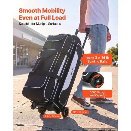 VEVOR Bowlingtasche mit Rollen für 3 Kugeln 600D Oxford Schwarz + Weiß, für Schuhe bis US-Größe 16 und Zubehör, mit Teleskopgriff (bis zu 1016 mm), Doppellagigen Ablagen und Verstärkten Nähten – Bild 2