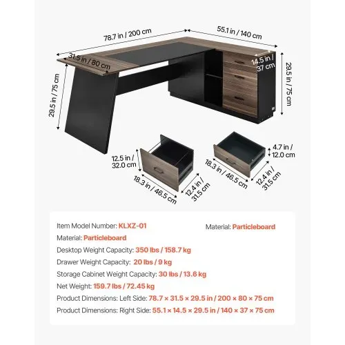 VEVOR L-förmiger Chefschreibtisch moderner Bürotisch mit Schubladen & Lagerschrank, robuster Schreibtisch aus Holz, 158,7 kg Tragkraft, Computertisch für Arbeit Studium Schreiben, Braun+Schwarz – Bild 2