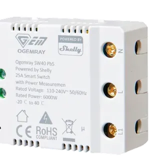 Shelly PbS · „Ogemray Smart Relay 25A“ · Großgeräte Relais · max. 25A · Messfunktion · WLAN · LAN · BT · SW40-25A-Relay-PbS Shelly PbS · „Ogemray Smart Relay 25A“ · Großgeräte Relais · max. 25A · Messfunktion · WLAN · LAN · BT · SW40-25A-Relay-PbS