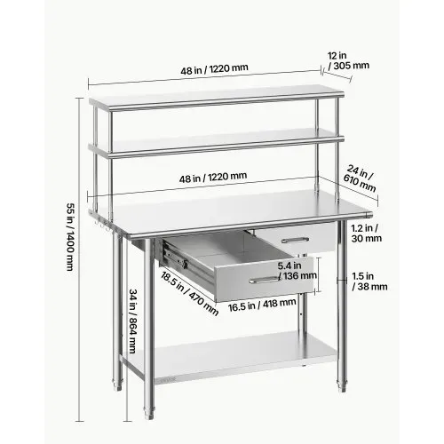 VEVOR Gastronomie Arbeitstisch 1220 x 610 x 1400 mm, Edelstahltisch mit Grundboden & 2 Schubladen & Doppelaufsatzbord, Gewerblicher Vorbereitungstisch Werkbank für Restaurant Garage Küchentisch – Bild 2