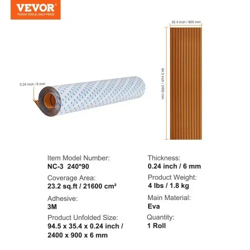 VEVOR Bootsboden, EVA-Schaum-Bootsdeck, 2400 x 900 x 6 mm, rutschfester, selbstklebender Bodenbelag, 21600 cm² großer Meeresteppich für Boote, Yachten, Pontons, Kajakdecks – Bild 6