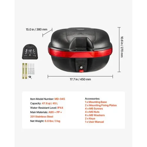 VEVOR Motorrad-Topcase 30 L aus PP Universeller, Abschließbarer Motorradkoffer Schwarz, Ergonomische Rückenlehne für Mehr Komfort, mit Roter Reflektor Schloss 2 Schlüssel, IPX4-Spritzwasserschutz – Bild 6