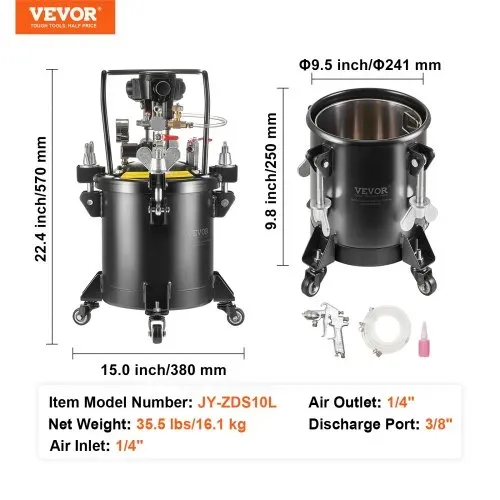 VEVOR Druckbehälter für Sprühfarbe, 10 L vollautomatischer Druckbehälter mit Rührfunktion, 70 psi einstellbarer Druck, Druckbehälter, Farbbehälter mit Spritzpistole und Schläuchen, für Malerei usw. – Bild 6