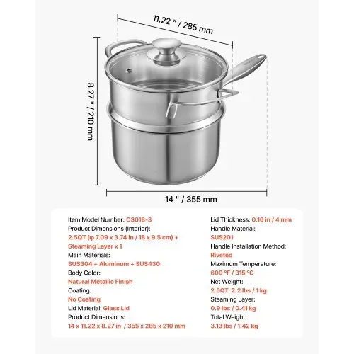 VEVOR Kochtopf Großraumtopf 2,37 L mit Glasdeckel & Dampfschicht, Suppentopf Gemüsetopf mit ergonomischem Griff, Milchtopf aus Edelstahl Gemüsetopf Silber spülmaschinengeeignete Soßentopf – Bild 6
