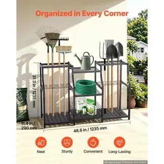 VEVOR Gartengeräte Ständer 1235x290x795mm 3-Stöckiger Gerätehalter Schwarz, Aufbewahrungsregal für Garage Schuppen Garten, Organizer aus Stahl für Besen Mopp Rechen, mit Ablagefächern & Nivellierfüßen VEVOR Gartengeräte Ständer 1235x290x795mm 3-Stöckiger Gerätehalter Schwarz, Aufbewahrungsregal für Garage Schuppen Garten, Organizer aus Stahl für Besen Mopp Rechen, mit Ablagefächern & Nivellierfüßen