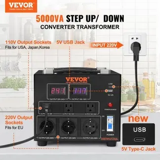 VEVOR 5000W Spannungswandler Transformator AC 110V⇋220V Transformer Wandler 3x US NEMA 5-15R 3-polige / 3x europäische Shucko-Ausgangssteckdosen, 1x 5V-USB-Anschluss und 1x Typ-C-Buchse VEVOR 5000W Spannungswandler Transformator AC 110V⇋220V Transformer Wandler 3x US NEMA 5-15R 3-polige / 3x europäische Shucko-Ausgangssteckdosen, 1x 5V-USB-Anschluss und 1x Typ-C-Buchse