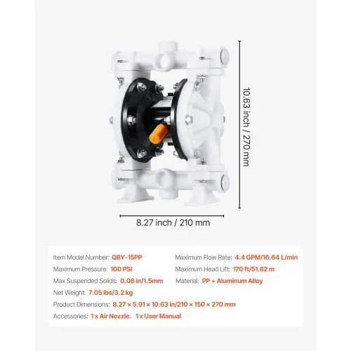 VEVOR Druckluft-Doppelmembranpumpe, 16,64L/min, 38,1 mm Einlass & Auslass, pneumatische Altöl-Transferpumpe, max. 100 PSI, Polypropylengehäuse, luftbetrieben für Diesel, Fett, Kerosin, Benzin – Bild 6