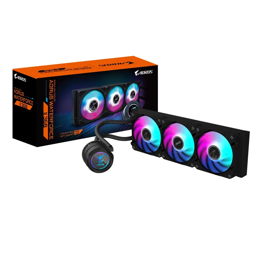 GIGABYTE AORUS WATERFORCE II 360 AIO Flüssigkeits-CPU-Kühler – 3x120mm ARGB-Lüfter, Schiebe-in-Verriegelungsmechanismus, DAISY-CHAIN, kompatibel mit Intel LGA 1851 und AMD AM5 GIGABYTE AORUS WATERFORCE II 360 AIO Flüssigkeits-CPU-Kühler – 3x120mm ARGB-Lüfter, Schiebe-in-Verriegelungsmechanismus, DAISY-CHAIN, kompatibel mit Intel LGA 1851 und AMD AM5