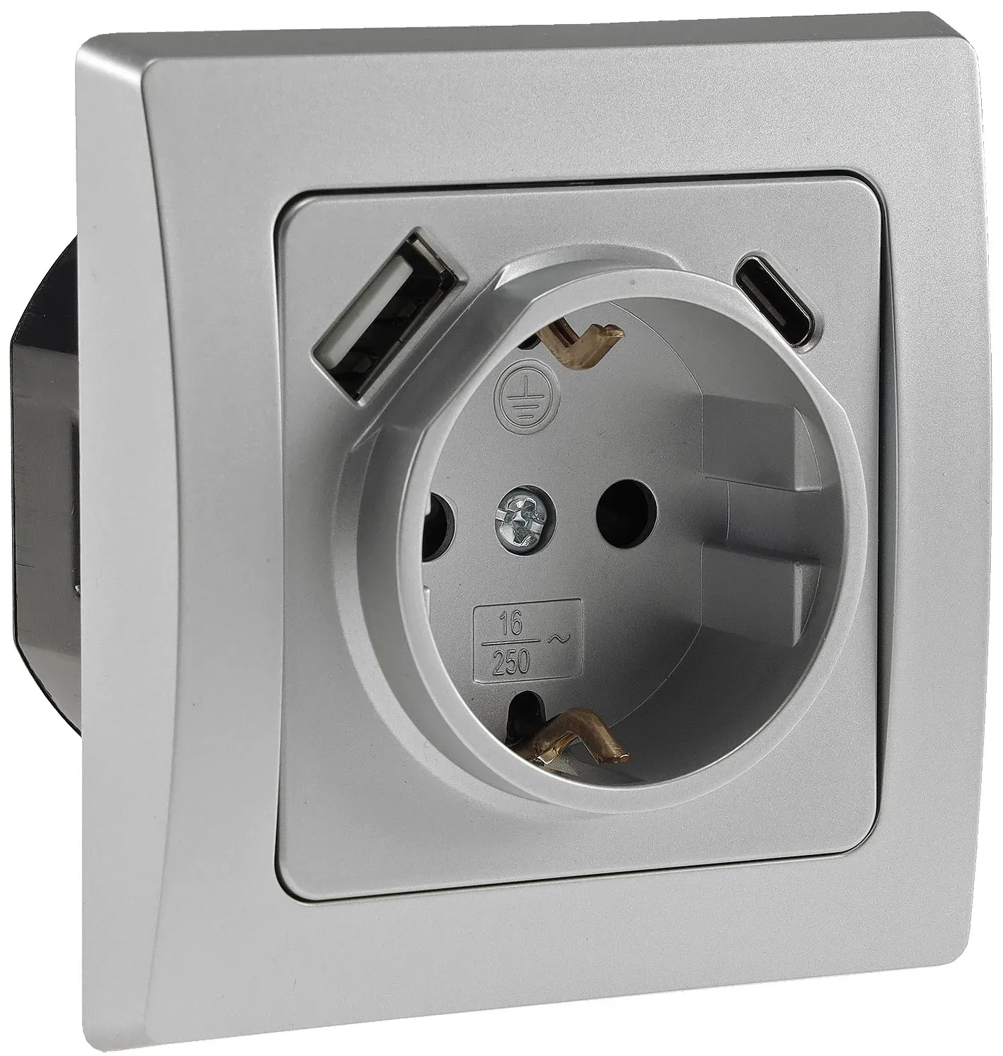 DELPHI Schutzkontakt-Steckdose, silber 230V~/ 16A, Unterputz, USB-C / PD DELPHI Schutzkontakt-Steckdose, silber 230V~/ 16A, Unterputz, USB-C / PD