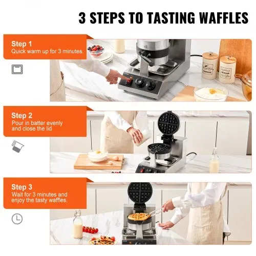 VEVOR Rundes Waffeleisen Waffel 1300 W, Kontaktgrill Belgische Waffeleisen 4 Stk. Edelstahl Waffeln Automat inkl. Lebensmittelclip & Bürsten & Verbrühungssicherer Griff, für Cafés, Restaurant usw. – Bild 5