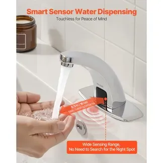VEVOR berührungsloser Waschtischhahn (verchromtes Silber) Badezimmer, automatische Waschtischarmatur (Nur kaltes Wasser), batteriebetriebener Wasserhahn Toilettenhahn mit Lochabdeckung G233 VEVOR berührungsloser Waschtischhahn (verchromtes Silber) Badezimmer, automatische Waschtischarmatur (Nur kaltes Wasser), batteriebetriebener Wasserhahn Toilettenhahn mit Lochabdeckung G233
