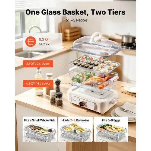 VEVOR Elektrischer Dampfgarer 6 L mit 2 Garebenen Glas 1200 W Weiß, Gemüse- und Speisegarer für 1–3 Personen mit Voreingestellten Programmen und Startzeitvorwahl, für Gemüse, Meeresfrüchte und Reis – Bild 2