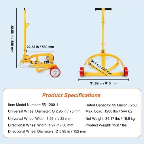 VEVOR Fassroller mit Griff Transportroller Rollbrett 250L Fass-Trolley Ø 620 mm Geeignet zum Transport von Fass bis zu einem Gewicht von 544kg Fasswagen mit 1 Universalrad & 2 Richtungsräder – Bild 6