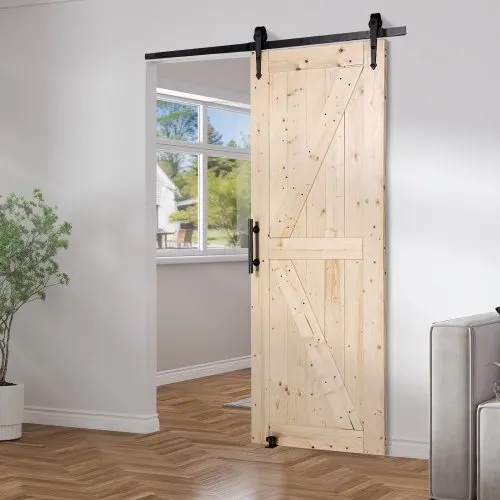 VEVOR Scheunentor und Hardware-Set Schiebetürsystem, 762 x 2133,6 mm Holz-Schiebetor, sanft und leise, Scheunentor-Set mit 8-in-1-Bodenführung und Türgriff, Fichtenholz-Platte – Bild 7