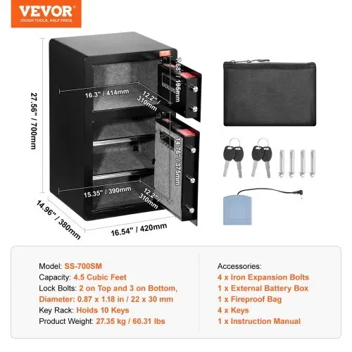 VEVOR Safe Tresor mit feuerfester Geldtasche, Doppeltüren-Safe 4,5 Kubikfuß, 2 höhenverstellbare Trennwände, digitaler Möbeltresor mit Schlüssel, Code, Safe für Geld Schmuck Wertsachen, Schwarz – Bild 6