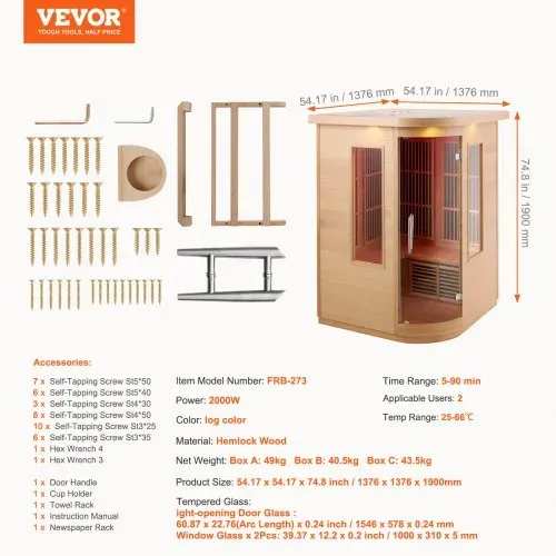 VEVOR Ferninfrarot-Holzsauna, Sauna-Spa für Zuhause, für 2 Personen, Niedrige EMF-Ferninfrarot-Sauna mit gehärteter Glastür & LED-Mehrfarbenlampe & Bluetooth-Lautsprechern, 2 kW für den Innenbereich – Bild 6