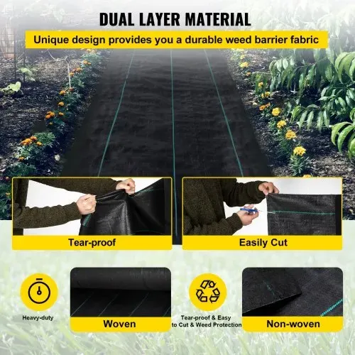 VEVOR Unkrautvlies, 5,8 Unzen Gartenvlies, 0,9 x 91,4 m Abdeckmatte, robustes gewebtes Graskontroll-Geotextil Unkrautgewebe Unkrautfolie Unkrautfolie für Garten, Terrasse, Schwarz – Bild 2
