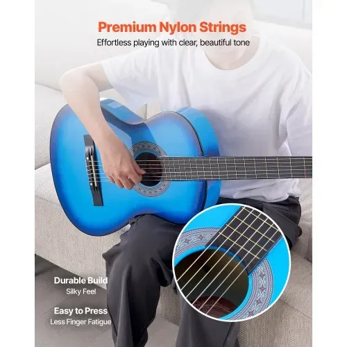 VEVOR Konzertgitarre, 960 mm, Holz-Klassikgitarren-Starter-Set für Anfänger, mit Nylonsaiten, Gigbag, Gurt, Stimmgerät, zusätzlichen Saiten, Plektren, Kapodaster, Linde, für Einsteiger, Blau – Bild 2