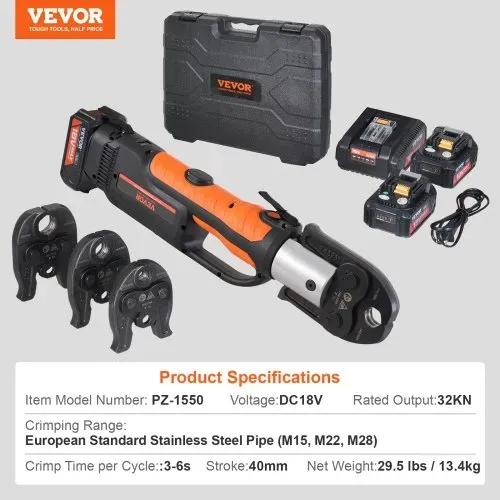 VEVOR Presswerkzeug und Akku-Set, Pro-Presswerkzeug, elektrisches Rohr-Crimpwerkzeug mit M15-, M22-, M28-Backen, Presswerkzeug-Set mit 2 Stück 18-V-4,0-Ah-Akku, Schnellladegerät und Tragetasche – Bild 6