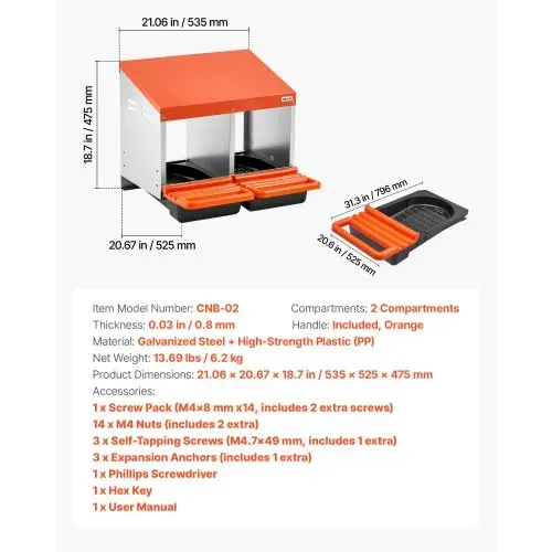 VEVOR Legenest 535x525x475 mm, 2 Fächer, Hühnernest aus Metall mit Fangschale & Lüftungslöchern, Geflügelnester, Abrollnest, ideal für Hennen, Enten, Hühner & anderes Geflügel, Orange – Bild 6