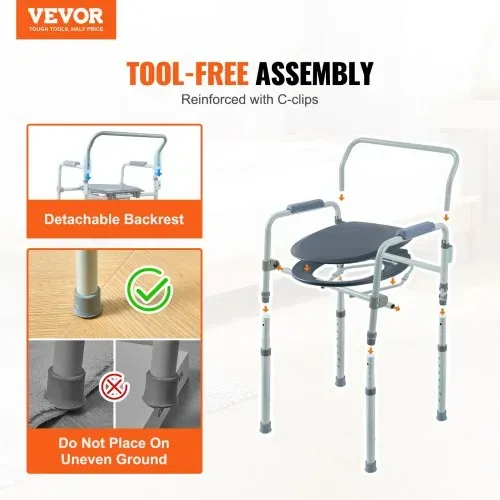 VEVOR Toilettenstuhl, Nachtkommode mit Breiterem Toilettensitz, 7-stufig Höhenverstellbar 44-59 cm, Abnehmbarer 5,8-Liter-Eimer, Einfach zu Montieren, 158,8 kg Kapazität, Erhöhter Toilettensitz – Bild 6
