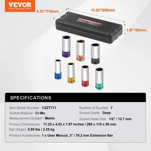 VEVOR Radmuttern-Schlagsteckschlüsselsatz, metrischer 6-Kant-Tiefsteckschlüsselsatz, 12,7 mm Antrieb, 7 Radmutterngrößen insgesamt 17/19/21/22/23/24/27 mm, Radmuttern-Steckschlüsselsatz aus Cr-Mo – Bild 6