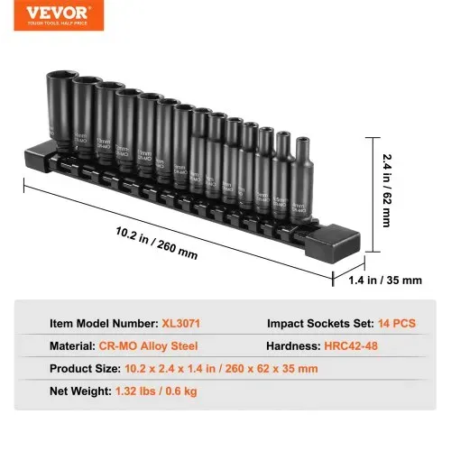 VEVOR Schlagsteckschlüsselsatz 6,35 mm Antrieb, 14-teiliger Steckschlüsselsatz metrisch 4-15 mm, Cr-Mo-Legierungsstahl für Autoreparatur, leicht lesbare Größenmarkierungen robuste Konstruktion – Bild 6
