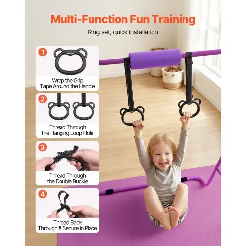 VEVOR Gymnastikstange für Kinder mit 63,5 kg Tragkraft, Klappbares Turnreck mit Matte, Höhenverstellbare Turnstange für Indoor- und Outdoor-Training, Heimtrainingsgerät für Kinderturnen zu Hause, Lila – Bild 3