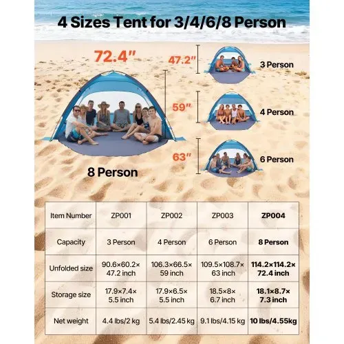 VEVOR Strandmuschel Sonnenschutz für 8 Personen, UPF 50+ Schutz, Tragbares Strandzelt mit Tragetasche & Bodenverankerungen, Leichter Strandsonnenschirm für Camping Angeln Picknick, Sonnenzelt – Bild 6