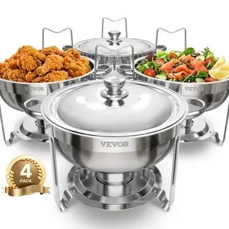 VEVOR Chafing Dish Buffet Speisenwärmer mit 4 Behältern in voller Größe (4,7 L pro), runder Catering-Wärmespender mit Deckel & Wasserpfanne & klappbarer Ständer, für Hochzeiten Partys Silber VEVOR Chafing Dish Buffet Speisenwärmer mit 4 Behältern in voller Größe (4,7 L pro), runder Catering-Wärmespender mit Deckel & Wasserpfanne & klappbarer Ständer, für Hochzeiten Partys Silber