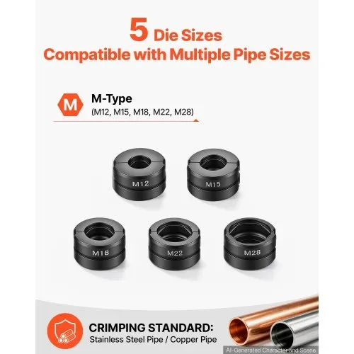 VEVOR Hydraulische Rohrpresszange mit 5 M-Pressbacken Manuelle Crimpzange, Handpresszange für Edelstahl- & Kupferrohre, inkl. M12 M15 M18 M22 M28 Kontur-Set, mit Rohrschneider Entgrater & Tragkasten – Bild 2
