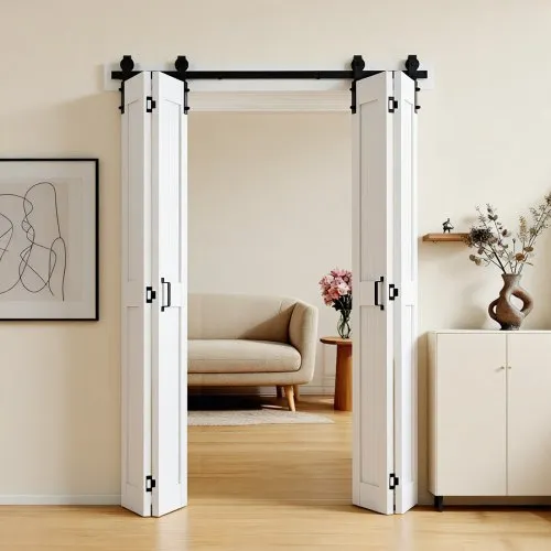 VEVOR Faltbare Schiebetür im Scheunentor-Stil 1219×2134 mm aus MDF, mit Beschlagsatz & Platzsparendem H-Rahmen-Design & Vormontierter Paneele, Faltschiebetür für Schlafzimmer Wohnzimmer Weiß VEVOR Faltbare Schiebetür im Scheunentor-Stil 1219×2134 mm aus MDF, mit Beschlagsatz & Platzsparendem H-Rahmen-Design & Vormontierter Paneele, Faltschiebetür für Schlafzimmer Wohnzimmer Weiß