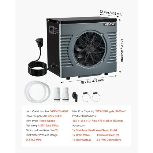 VEVOR Pool-Wärmepumpe 4160 W Nennleistung, Elektrische Poolheizung für Aufstellpools bis 15 m³, Max. COP 5,14, Geräuscharm, FI-Schutzschalter, Heiztemperatur 15–40 °C, Heiz- & Kühlmodus – Bild 6