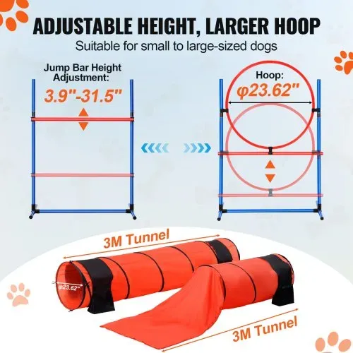 VEVOR Agility-Trainingsausrüstung für Hunde, 7-teiliges Upgrade-Set mit verstellbaren hohen Hürden, 6 Slalomstangen, 2 Tunneln, Sprungring, Pausenbox, 3 Frisbees, Pfeife, faltbarer Schüssel, Hindernisparcours-Set für Welpen mit 3 Taschen – Bild 3