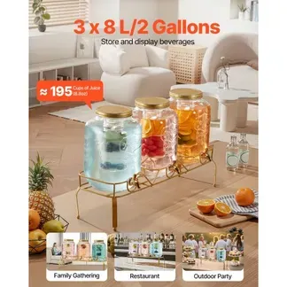 VEVOR Getränkespender (3 x 8 L) für Partys Saftspender (aus Glas) mit tropfsicherem Zapfhahn & Metallständer Wasserspender für Restaurants Partys, Limonade Eistee selbstgemachte Getränke Spender VEVOR Getränkespender (3 x 8 L) für Partys Saftspender (aus Glas) mit tropfsicherem Zapfhahn & Metallständer Wasserspender für Restaurants Partys, Limonade Eistee selbstgemachte Getränke Spender