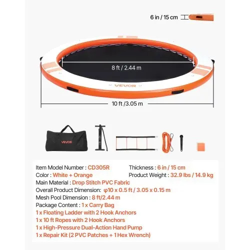 VEVOR Aufblasbares Schwimmdock, φ3,05 m, Schwimmplattform mit Rutschfester Oberfläche, Tragetasche & Abnehmbarer Leiter, Schwimmende Insel, Wasserplattform für Pool, Strand & Meer, Orange – Bild 6