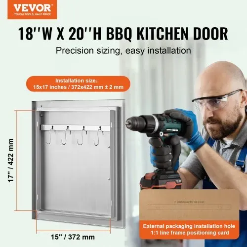 VEVOR Grill-Zugangstür, 457 x 508 mm, Einzelne Außenküchentür, Flächenbündig Montierte Edelstahltür, Vertikale Wandtür mit Griff und Haken, für Grillinsel, Grillstation, Außenschrank VEVOR Grill-Zugangstür, 457 x 508 mm, Einzelne Außenküchentür, Flächenbündig Montierte Edelstahltür, Vertikale Wandtür mit Griff und Haken, für Grillinsel, Grillstation, Außenschrank