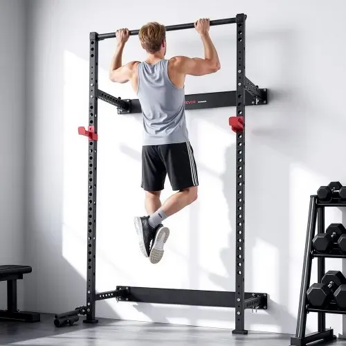 VEVOR Power Cage Klappbar 454 kg Belastbar, Wandmontiertes Power Rack, Multifunktionales Krafttrainingsgerät mit Landminenbefestigung & verstellbaren J-Haken & Klimmzugstange für Heimfitnessstudio – Bild 7