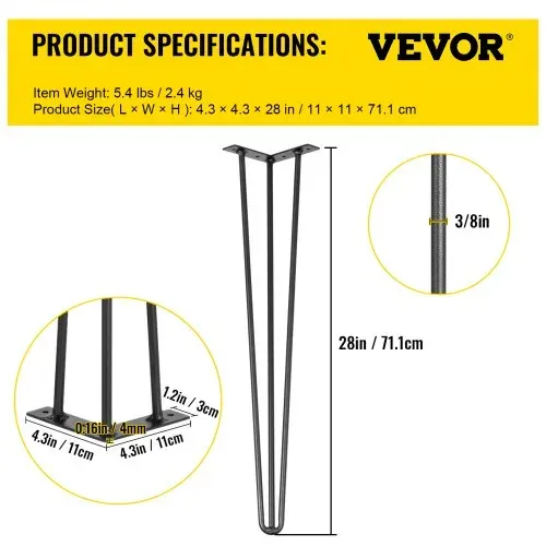 VEVOR Haarnadelbeine Tischbeine Tischgestell Metall 28 Zoll 71,1 cm Kohlenstoffstahl mit 4 Gummibodenfüßen Metall Schwarz 4 Stück verstellbar – Bild 6