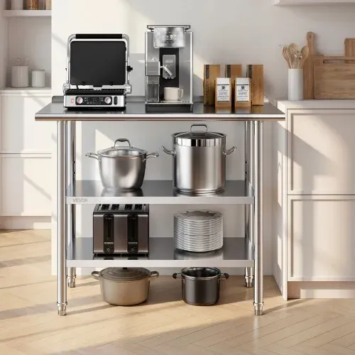 VEVOR Gasto Arbeitstisch 1219x610x864 mm, Edelstahltisch mit 3 Ebenen & Aufkantung & Höhenverstellbaren Ablagen Belastbarkeit Top 245 kg & 2 Unterablagen je 204 kg Vorbereitungstisch für Restaurant – Bild 7